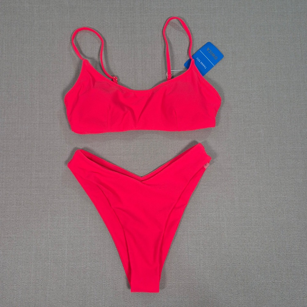 OWICA Womens 2 Piece Bikini Set Hot Pink Low Rise High Cut Bathing Suit Size S